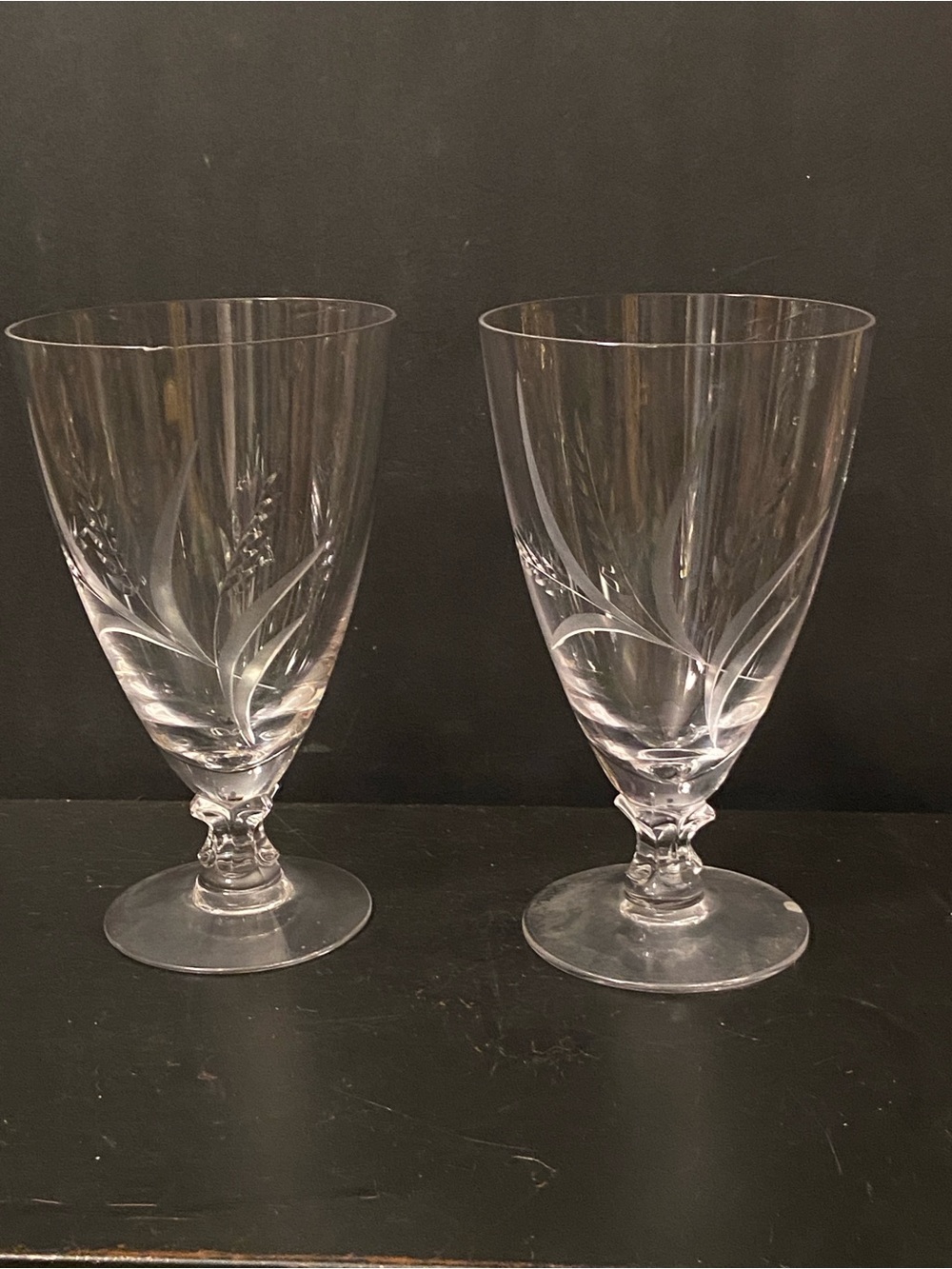 Fostoria Wheat Crystal Etched Ice Tea Goblet Clear Glasses set of 2 VTG
